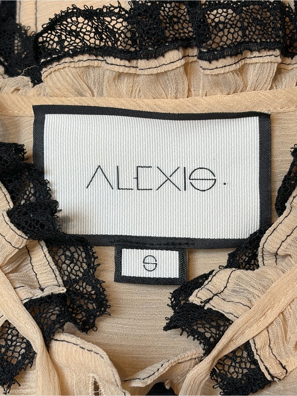 Alexis Ximena Sheer Ruffle Blouse, Black Lace Accents, sz S, EUC - Picture 9 of 12